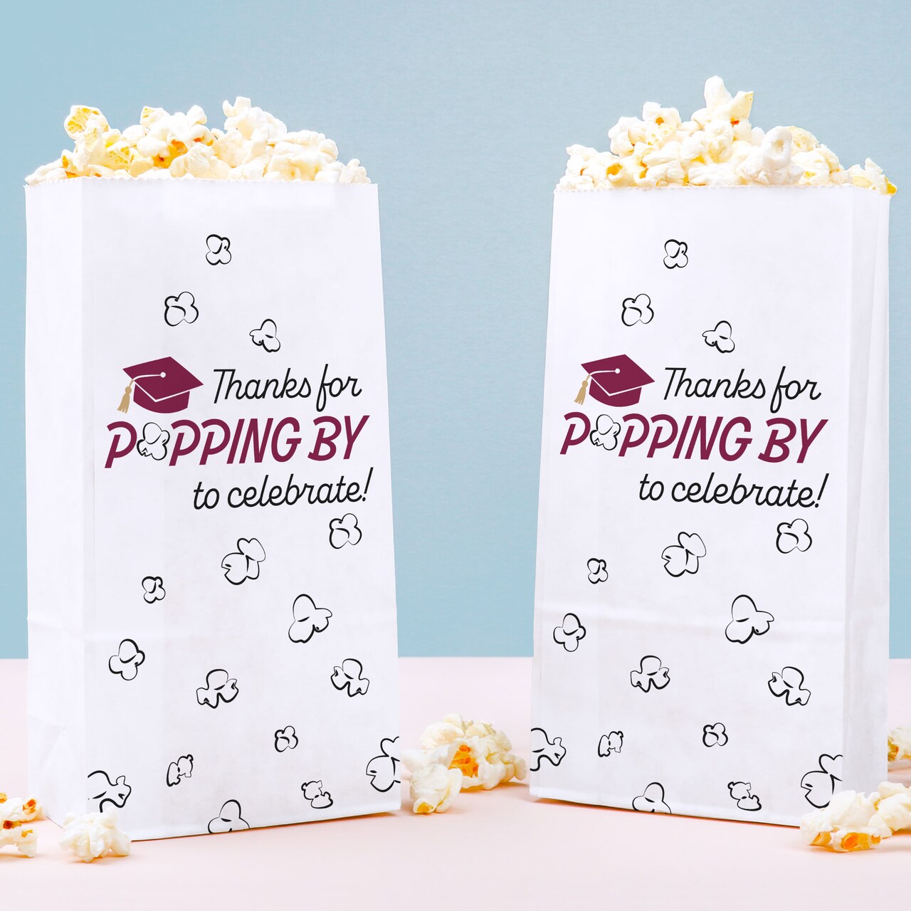 Big Dot of Happiness Maroon Grad Thanks for Popping by Popcorn Bags, Burgundy Graduation Favor, Free-Standing Individual White Paper Bags - 25 Count